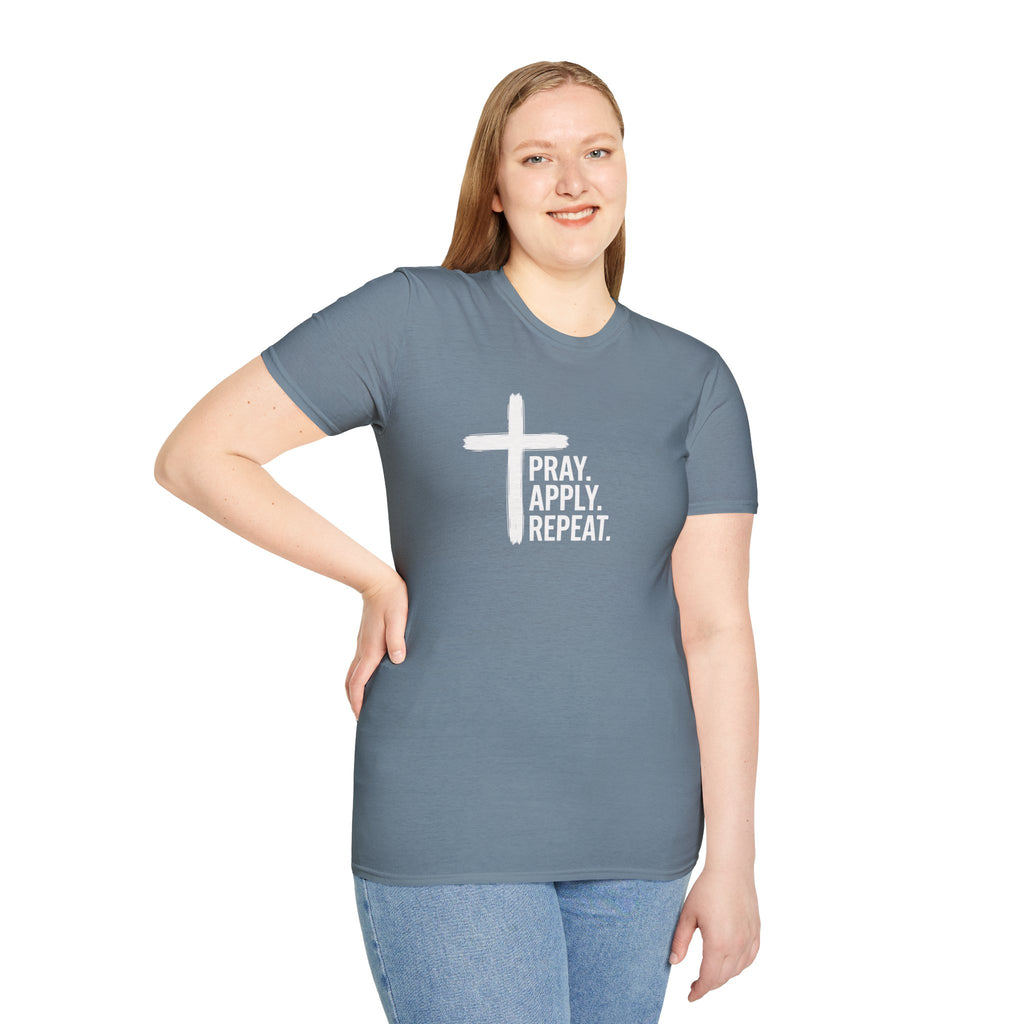 Prayer Cross T-Shirt — "Pray. Apply. Repeat." Christian Faith Tee