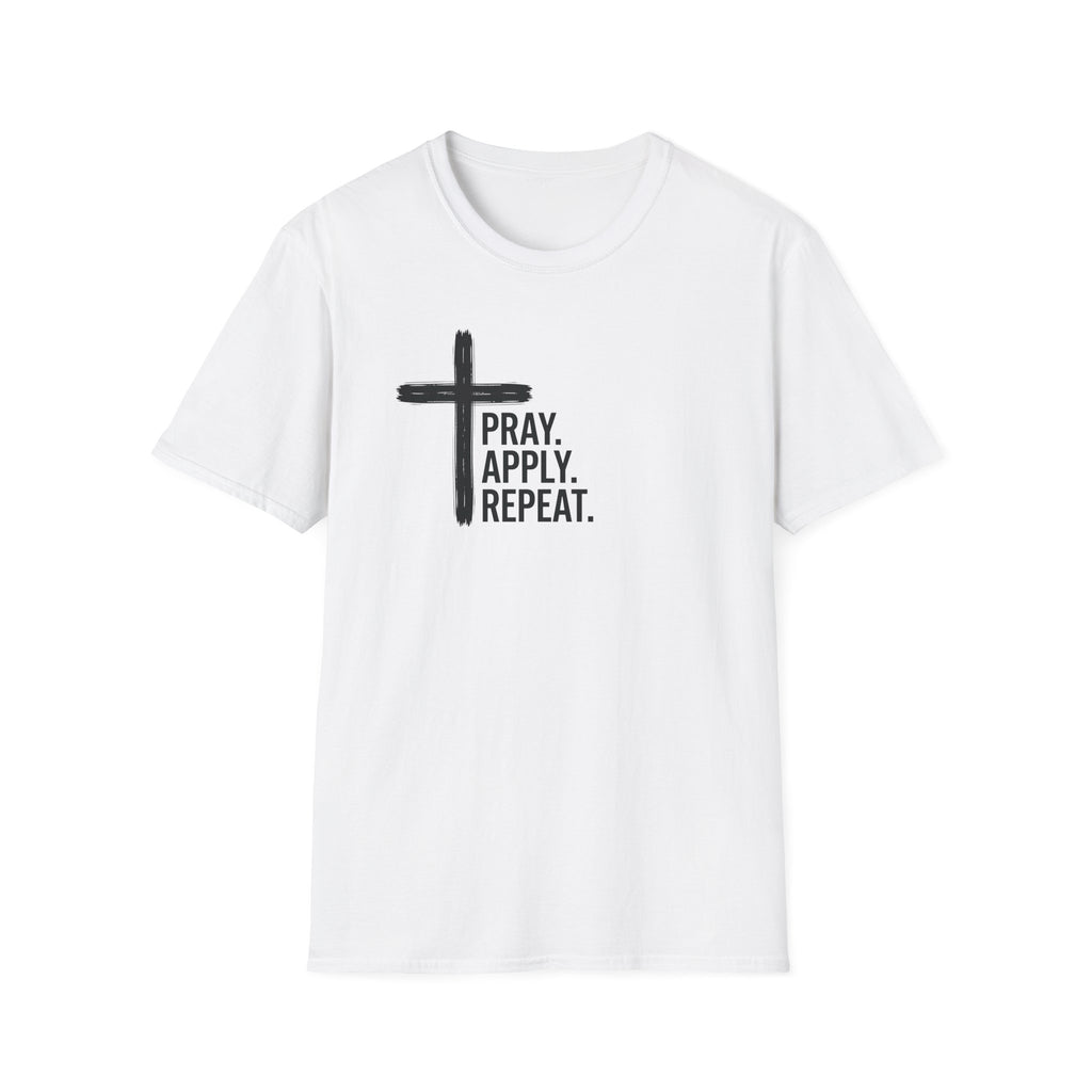 Prayer Cross T-Shirt — "Pray. Apply. Repeat." Christian Faith Tee