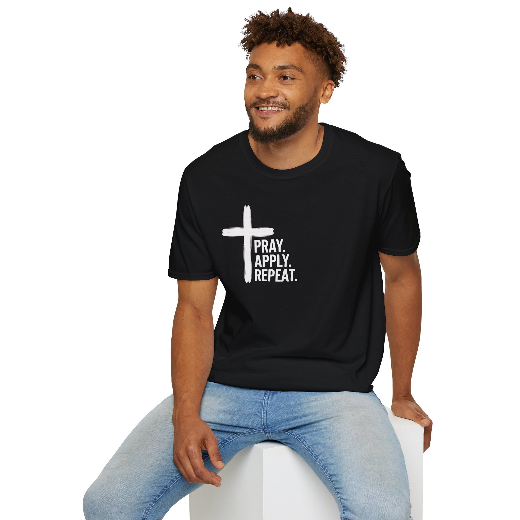 Prayer Cross T-Shirt — "Pray. Apply. Repeat." Christian Faith Tee