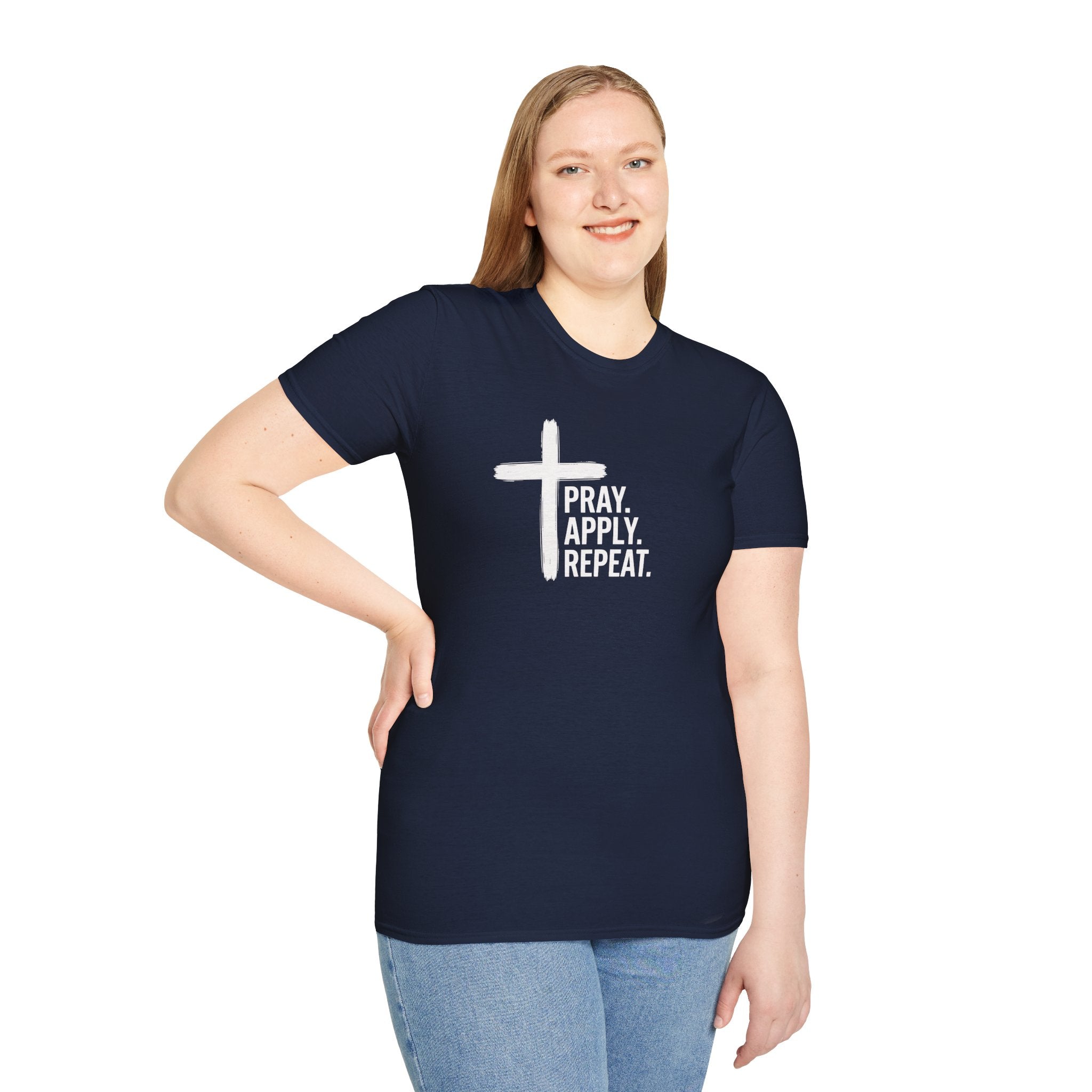 Prayer Cross T-Shirt — "Pray. Apply. Repeat." Christian Faith Tee