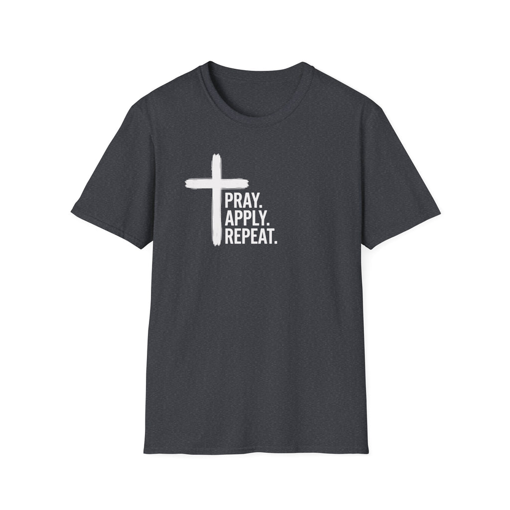 Prayer Cross T-Shirt — "Pray. Apply. Repeat." Christian Faith Tee