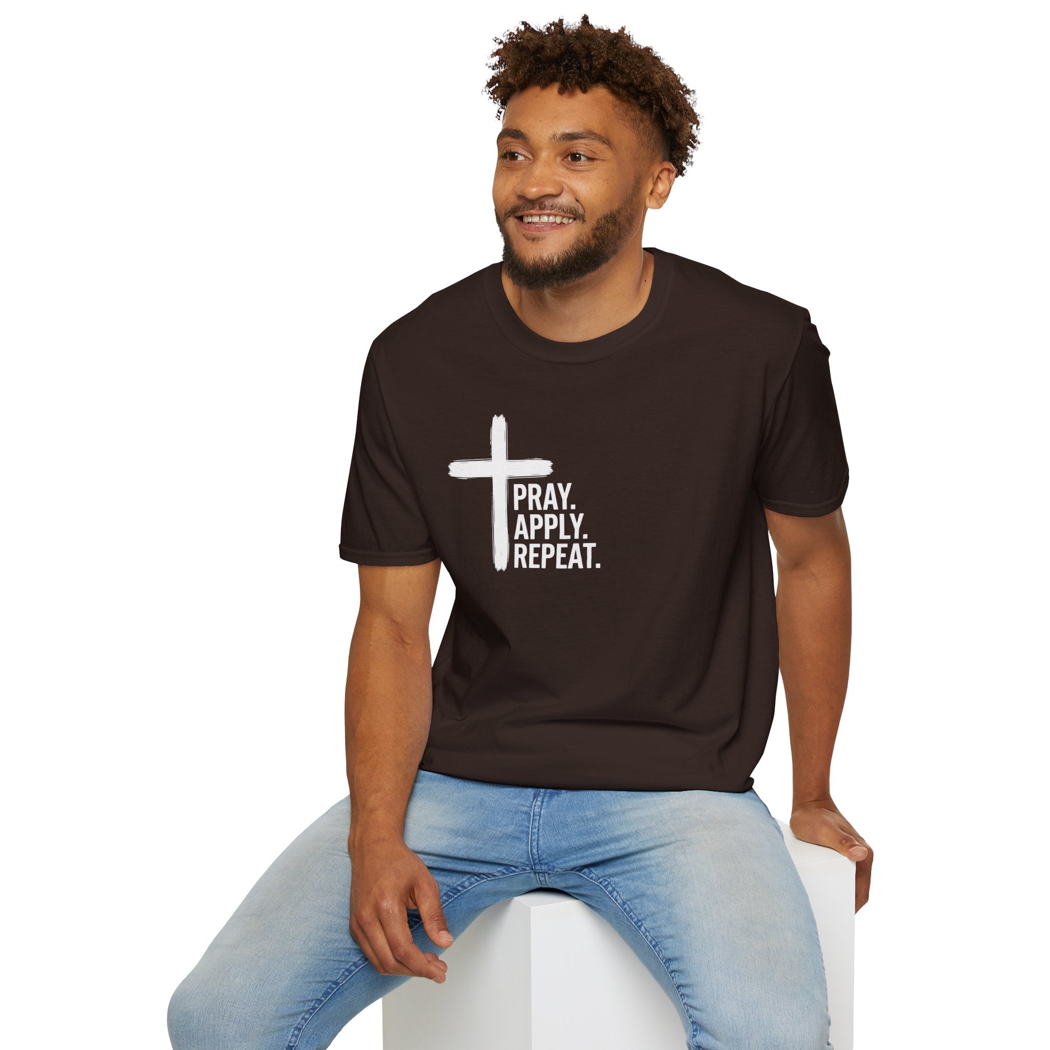 Prayer Cross T-Shirt — "Pray. Apply. Repeat." Christian Faith Tee