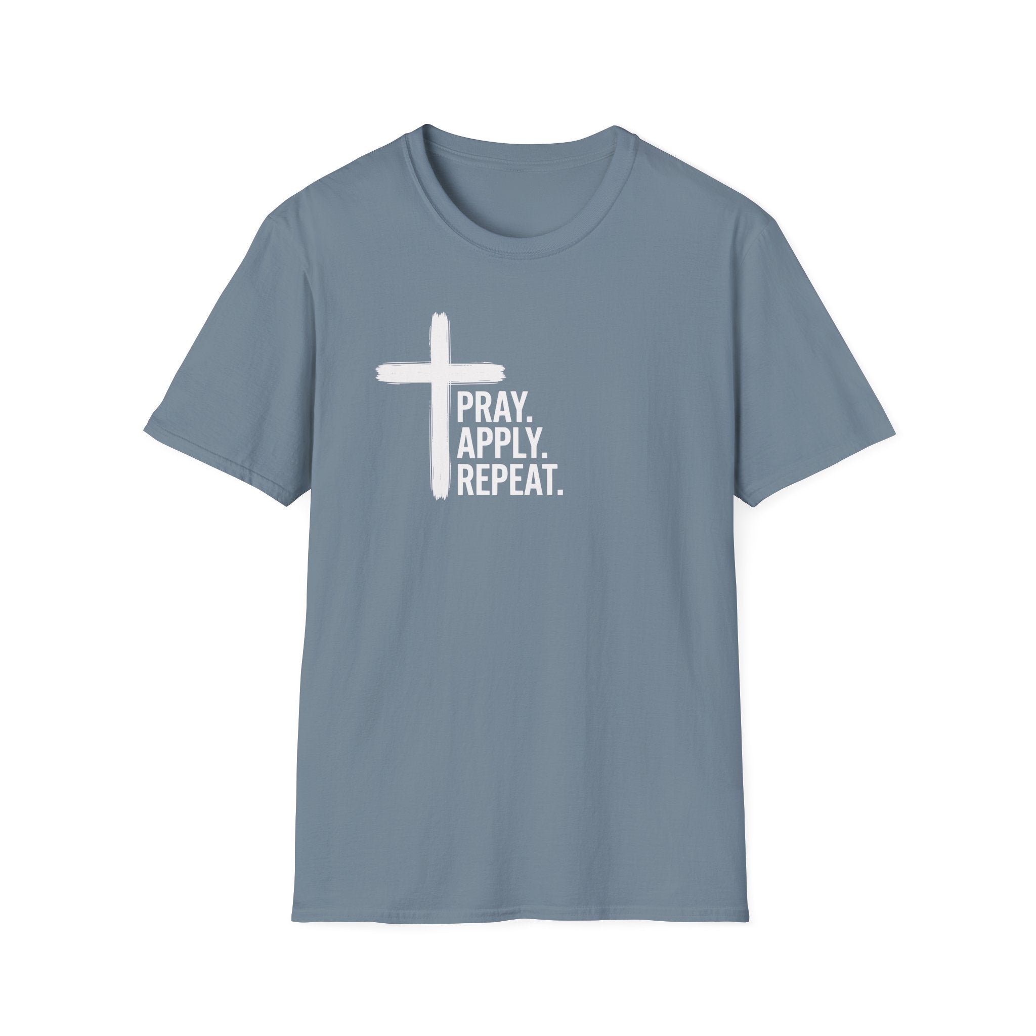 Prayer Cross T-Shirt — "Pray. Apply. Repeat." Christian Faith Tee