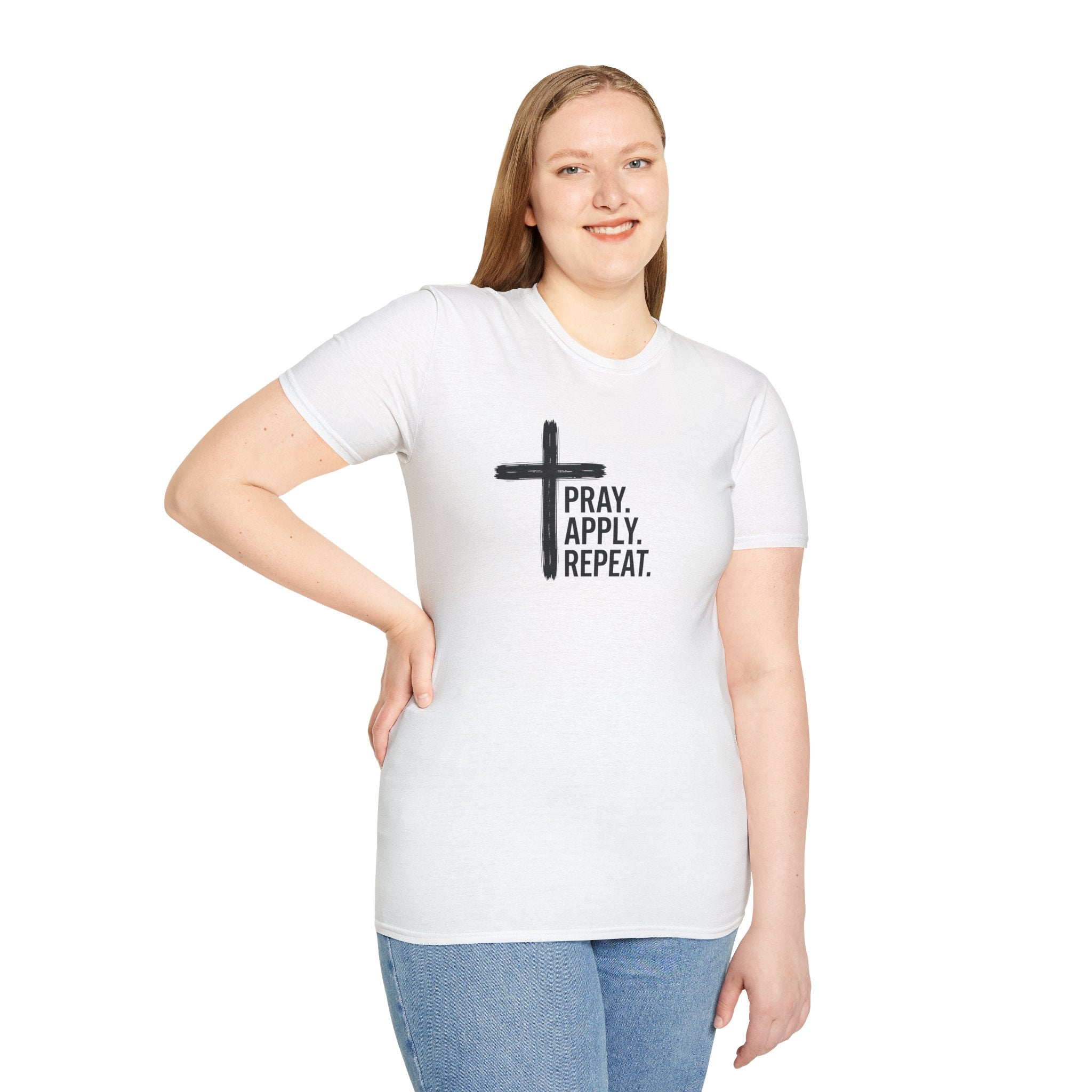 Prayer Cross T-Shirt — "Pray. Apply. Repeat." Christian Faith Tee