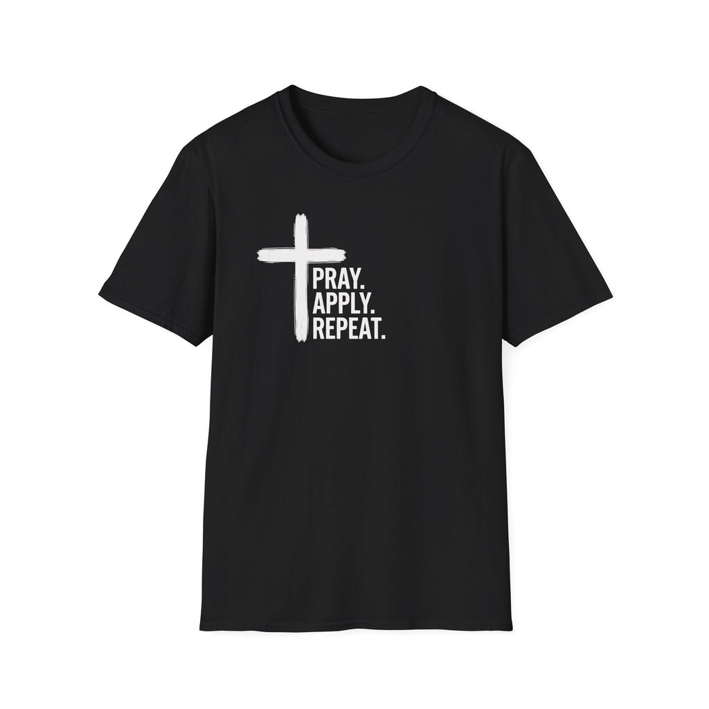 Prayer Cross T-Shirt — "Pray. Apply. Repeat." Christian Faith Tee